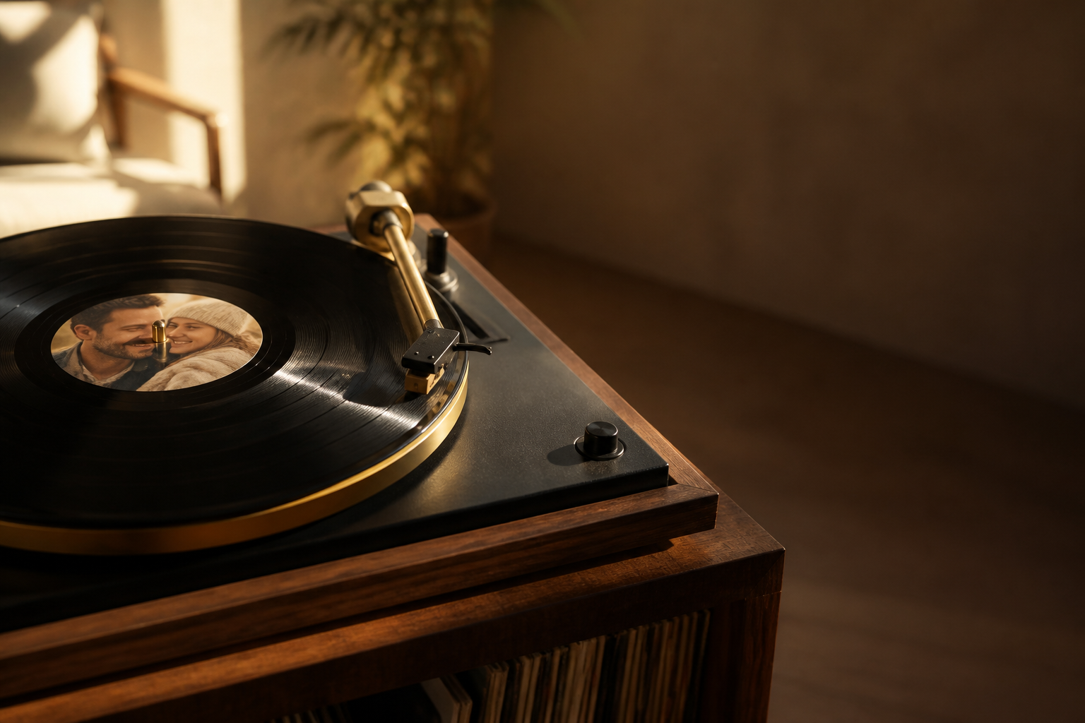 Custom vinyl record with a photo label playing on a turntable